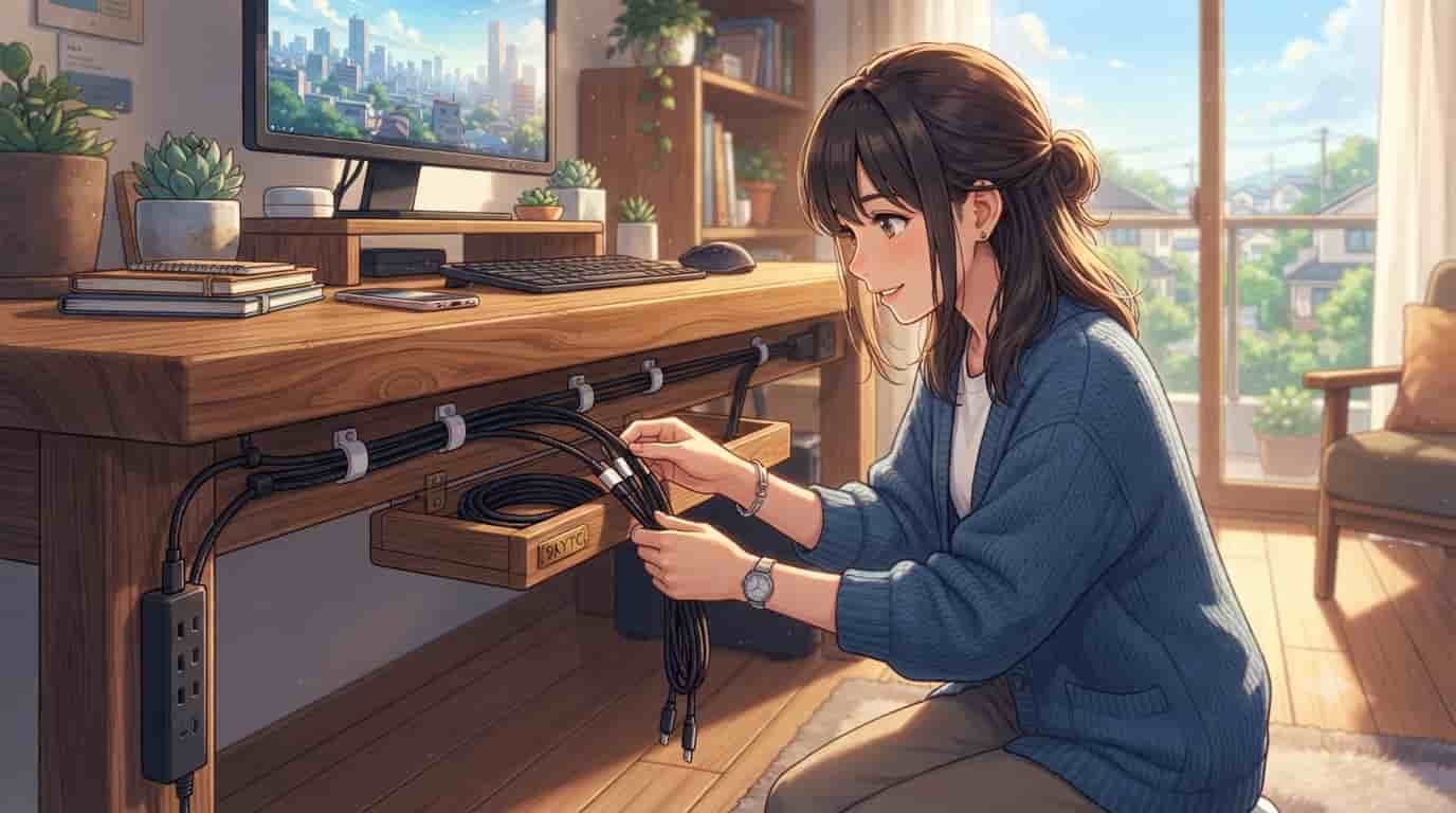A person in a sunlit anime room organizing braided charging cables using a SKYTC cable management tray mounted under a solid wood desk.