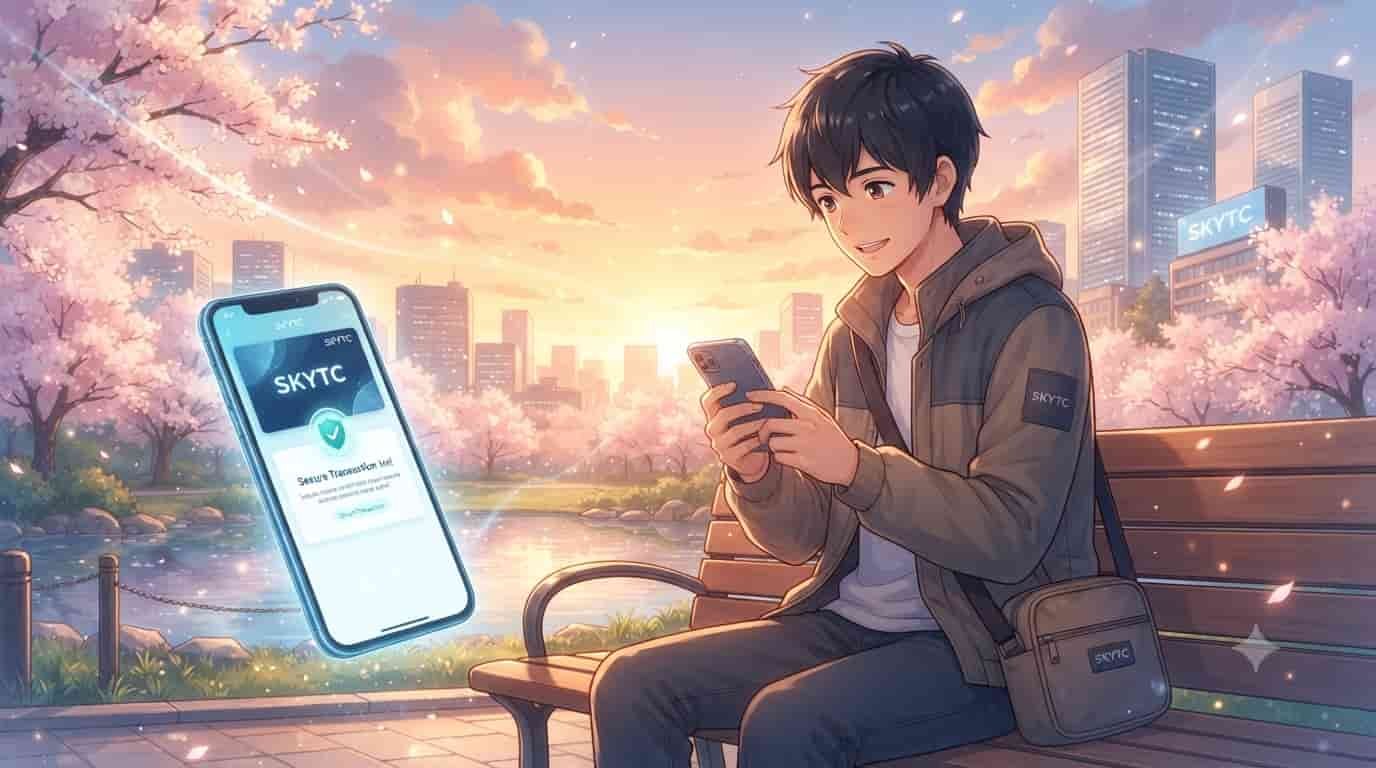 An anime illustration of a man using a mobile wallet app outdoors, with 'SKYTC' visible on a phone screen and bag.Suggested caption: Learning how to use secure mobile wallet apps is made easy with platforms like SKYTC.Image description: A vibrant anime-style illustration, inspired by Makoto Shinkai, showing a young man sitting on a park bench at sunset, smiling as he uses a mobile payment app on his smartphone. The scene features glowing city lights in the background, soft light trails, cherry blossom trees, and a clear sky. He holds a coffee cup in one hand, and his phone screen shows a secure interface with the name 'SKYTC' clearly visible. A small shoulder bag beside him also has the logo 'SKYTC' subtly printed on it.