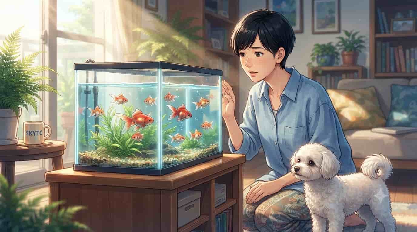 An anime-style illustration in the style of Makoto Shinkai, showing a concerned Japanese woman and her white dog looking at an aquarium where a goldfish is swimming sideways.