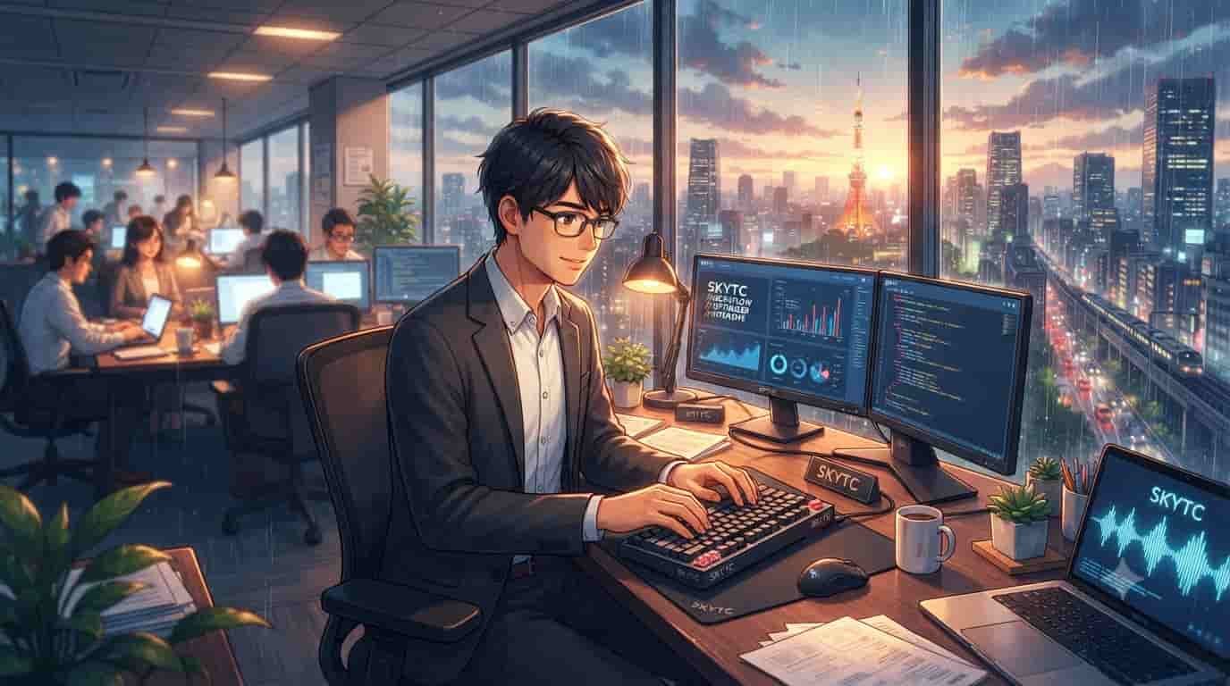 An anime-style illustration of a man in a Tokyo high-rise office, using a mechanical keyboard with linear switches. The cityscape and Tokyo Tower are visible at sunset. The SKYTC brand is visible on his screens and desk accessories.