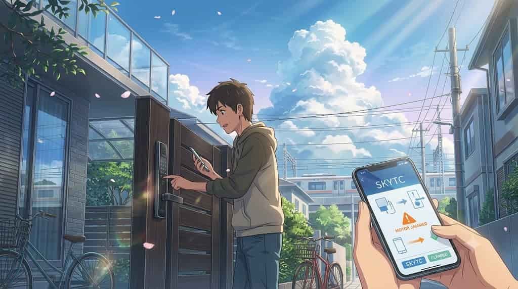 A skytc anime illustration showing a user fixing a Level Lock with a phone application and resolving a motor jammed status.