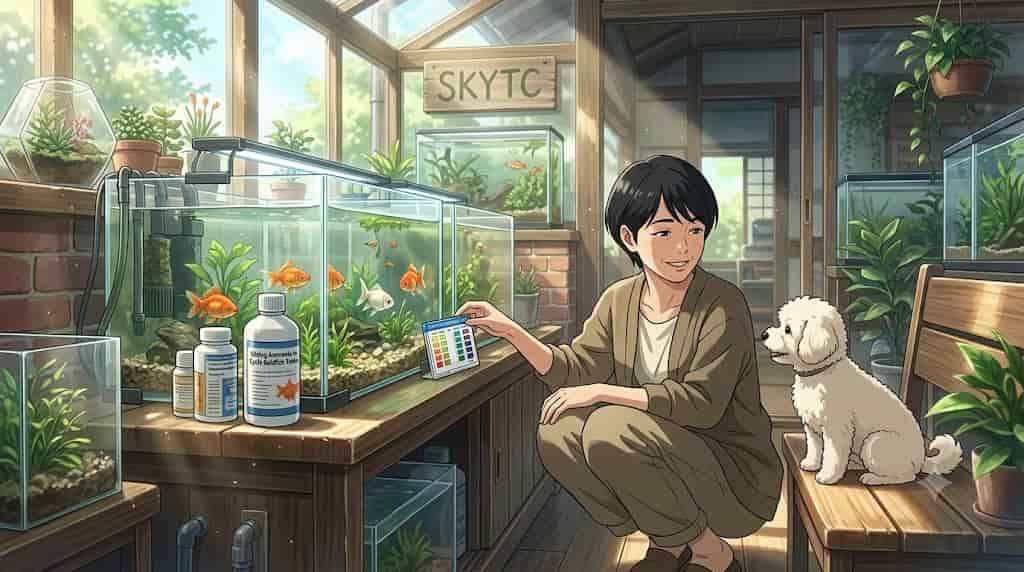 Illustration of a Japanese woman with a Maltipoo dog in a sunlit room, testing water for cycling a goldfish tank with ammonia.