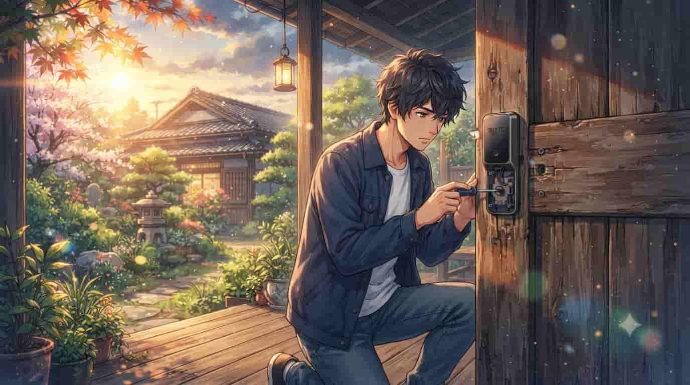 An anime-style illustration, inspired by Makoto Shinkai, showing a man kneeling on a wooden porch and using a screwdriver to adjust a smart lock on a rustic door. A traditional Japanese house and garden are visible in the golden sunset background.
