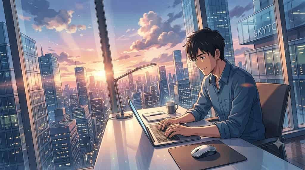 An anime-style illustration inspired by Makoto Shinkai for skytc, showing a man happily working at a city-view desk at sunset with a laptop and a wireless mouse.