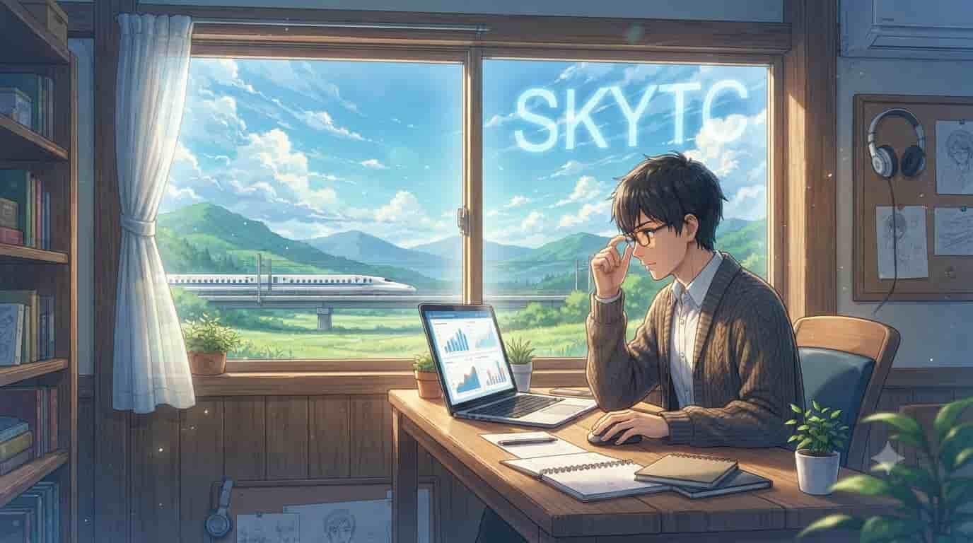 A Makoto Shinkai-style anime illustration of a man at a desk analyzing charts on a laptop, with a bright countryside and train visible through a window, featuring the text 'SKYTC' and headphones on a wall.