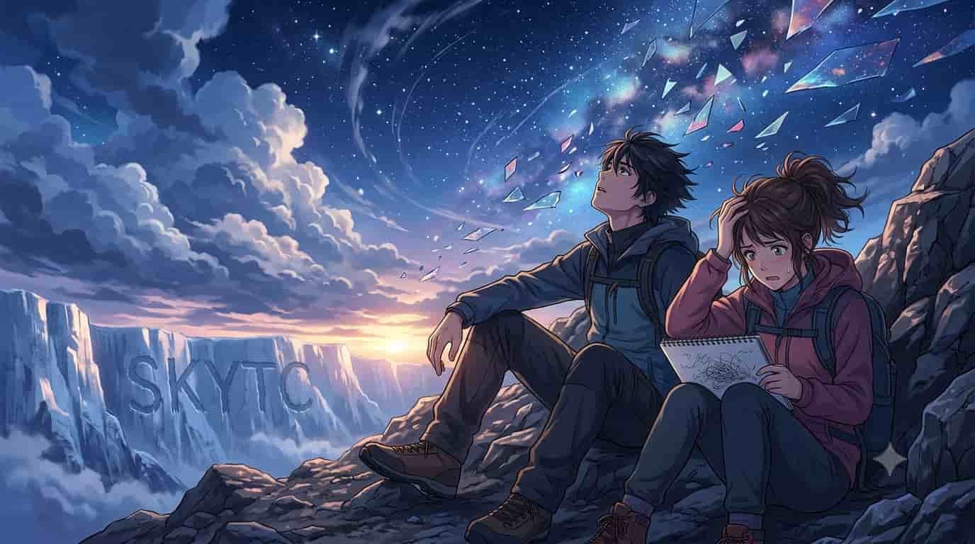 An anime-style illustration from skytc showing a young couple struggling with severe mental blocks and distorted reality due to a lack of oxygen in a high-altitude, celestial environment.