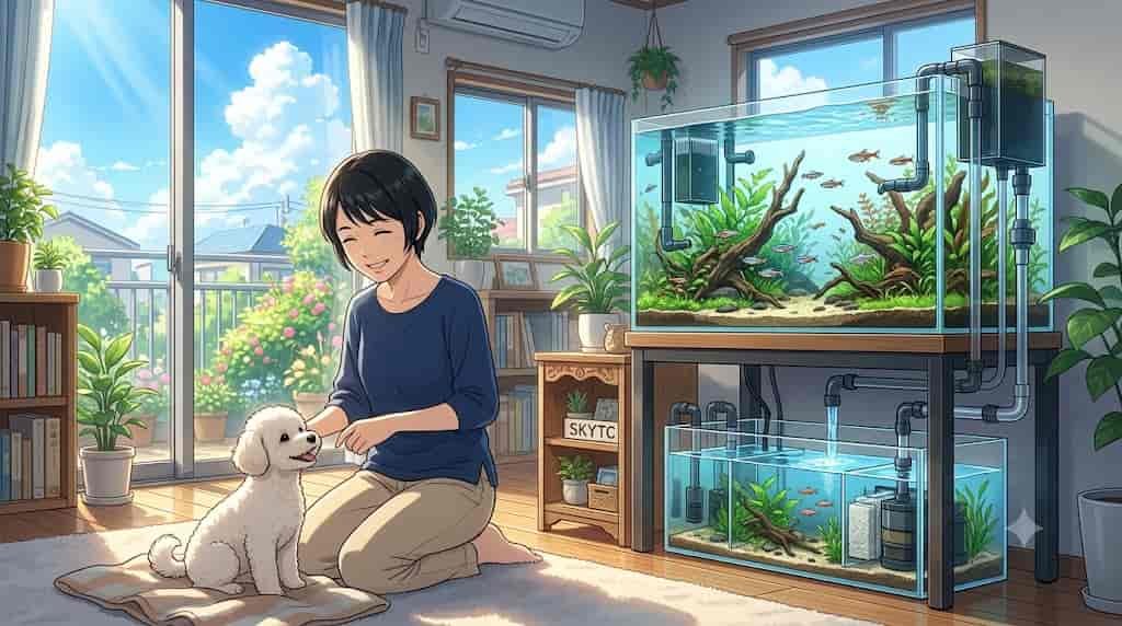An anime-style illustration of a Japanese woman with her Maltipoo dog next to a detailed quiet aquarium overflow box setup, presented by SKYTC.Caption: Experience tranquility with the ultimate quiet overflow box setups for tanks from SKYTC