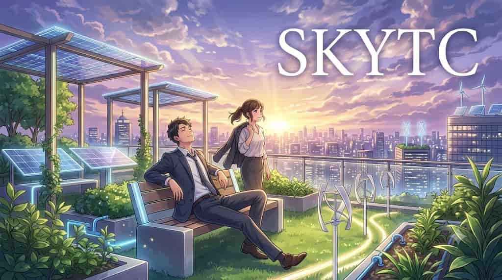 An artistic SKYTC anime-style illustration of a man and a woman executive relaxing on a rooftop overlooking a sunset city, featuring the visible "SKYTC" text in the sky and clean energy elements like solar panels, perfectly matching the theme of beating executive burnout.