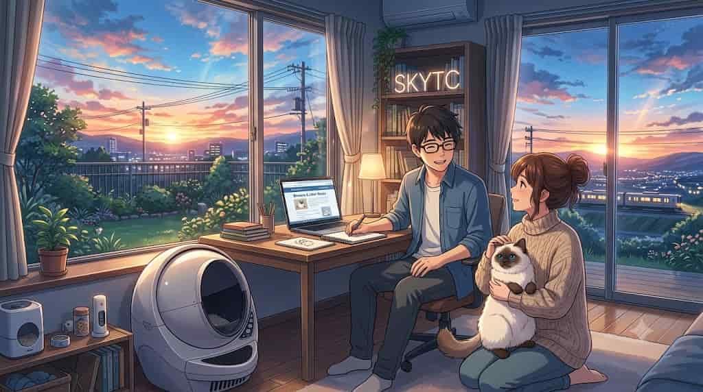 Skytc presents two owners enjoying a clean home with a Birman cat and an automatic litter box.