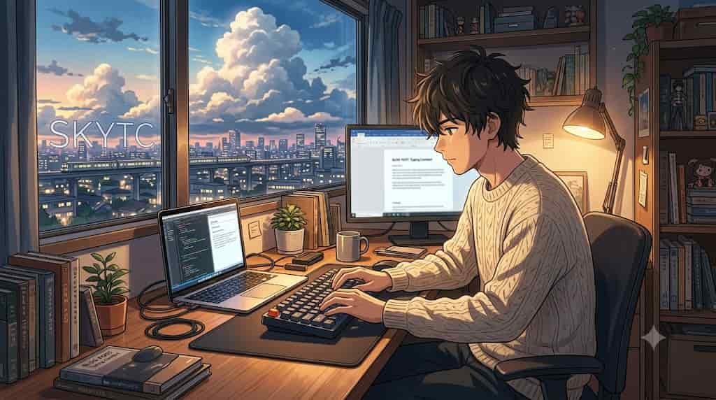 A Makoto Shinkai style anime illustration showing a man typing on a comfortable budget mechanical keyboard, presented by skytc.