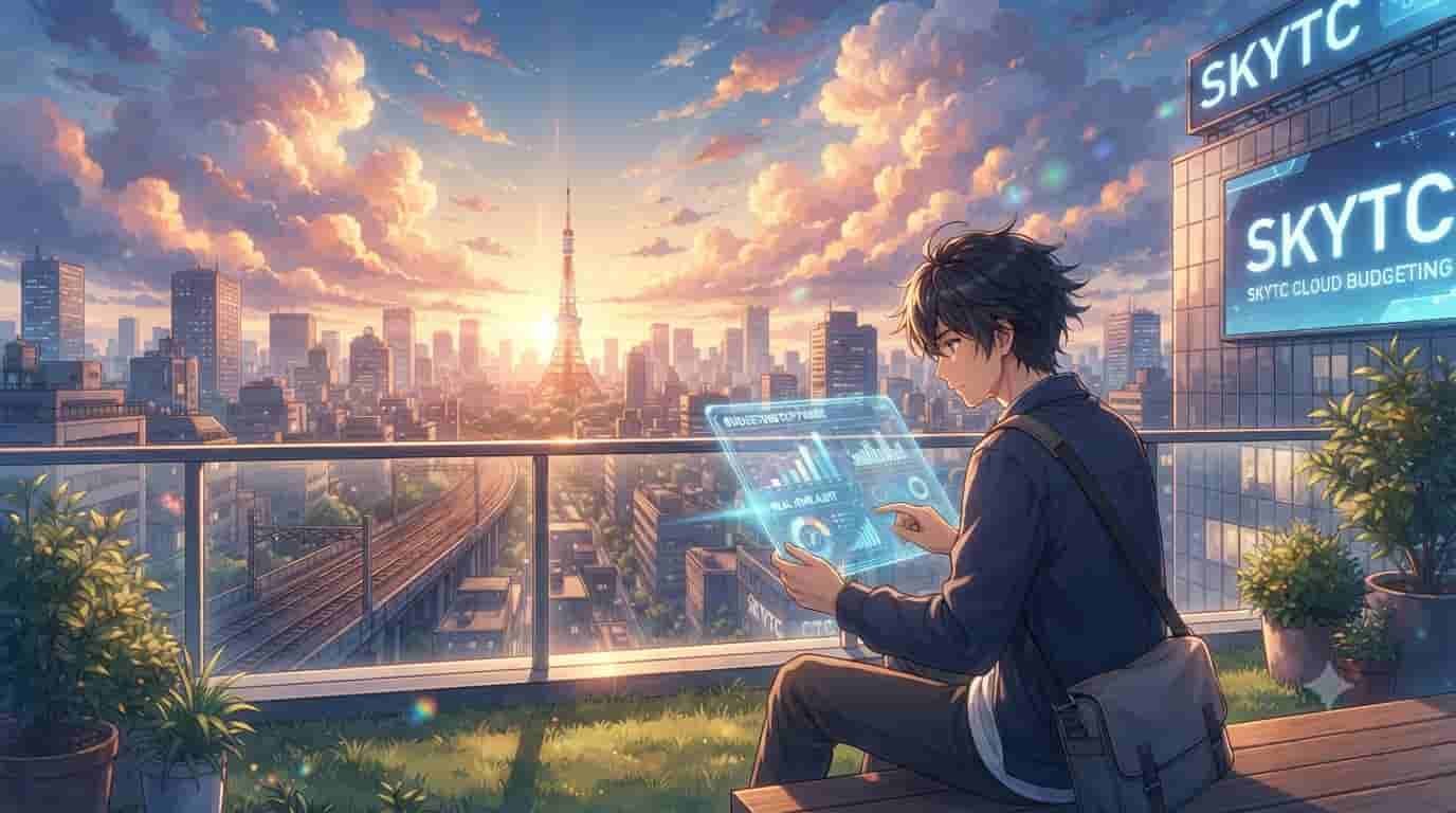 An anime style illustration of a man on a Tokyo rooftop using a tablet with 'SKYTC' cloud budgeting software, overlooking the city at sunset.