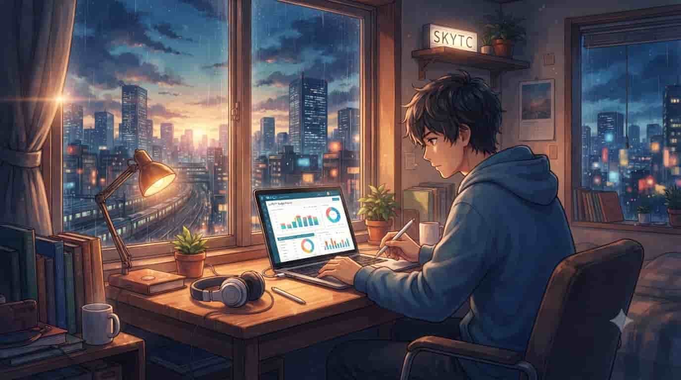 An anime-style digital illustration inspired by Makoto Shinkai, featuring a young man working on a laptop with detailed budgeting charts and graphs in a rainy, cozy apartment. A sign on the shelf above him clearly reads "SKYTC". The window view shows a twilight city skyline.