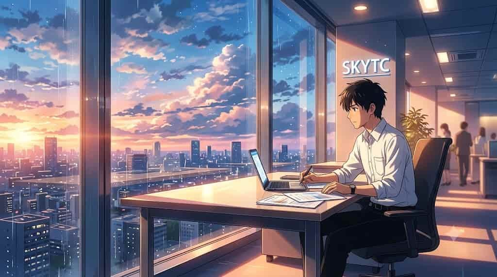 A man in an office analyzing a portfolio using SKYTC audit software with a stunning city sunset in the background.