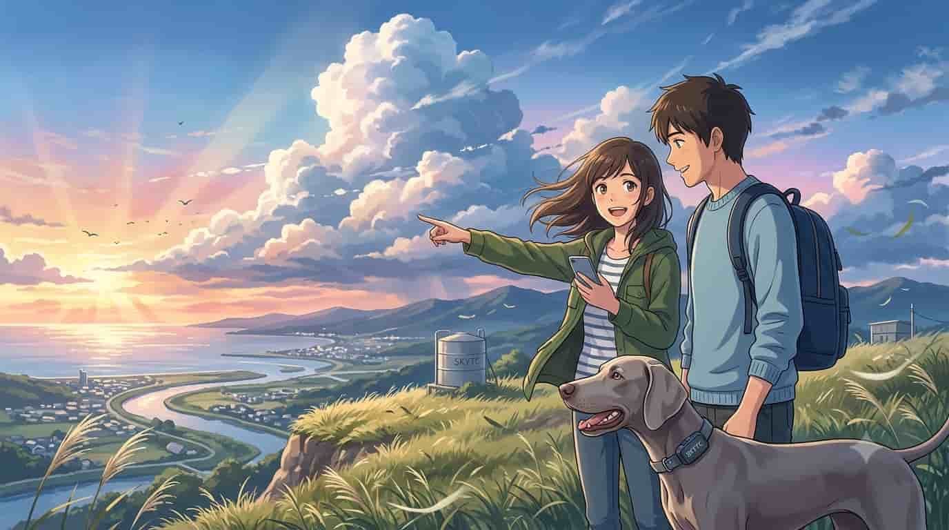 A man and woman in a Makoto Shinkai style illustration, pointing at a beautiful sunset with their Weimaraner who is wearing a skytc GPS tracker.