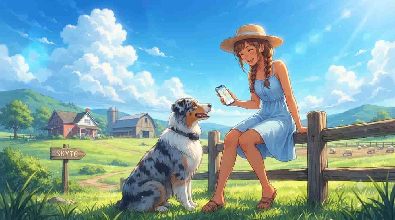 A cheerful anime-style girl and her Australian Shepherd with a GPS tracker, set on a sunny farm with a 'SKYTC' sign.