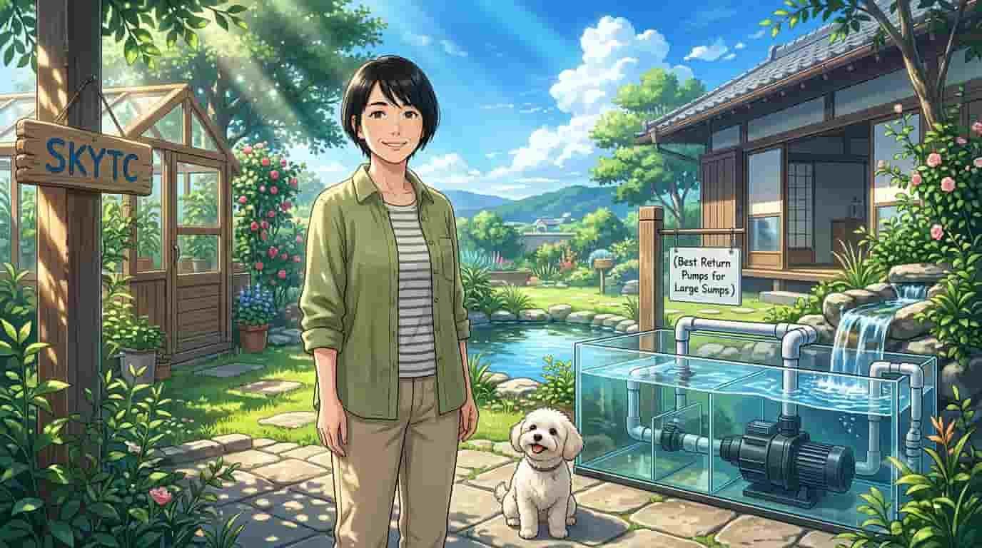 An anime illustration of a Japanese woman and her Maltipoo in a bright garden featuring a large sump return pump system by SkyTC.