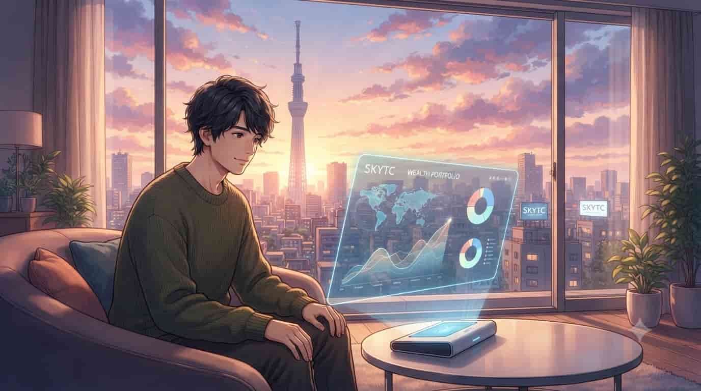 Anime-style illustration of a man sitting in a modern apartment at sunset, viewing his passive investment portfolio on a holographic display featuring SKYTC branding.