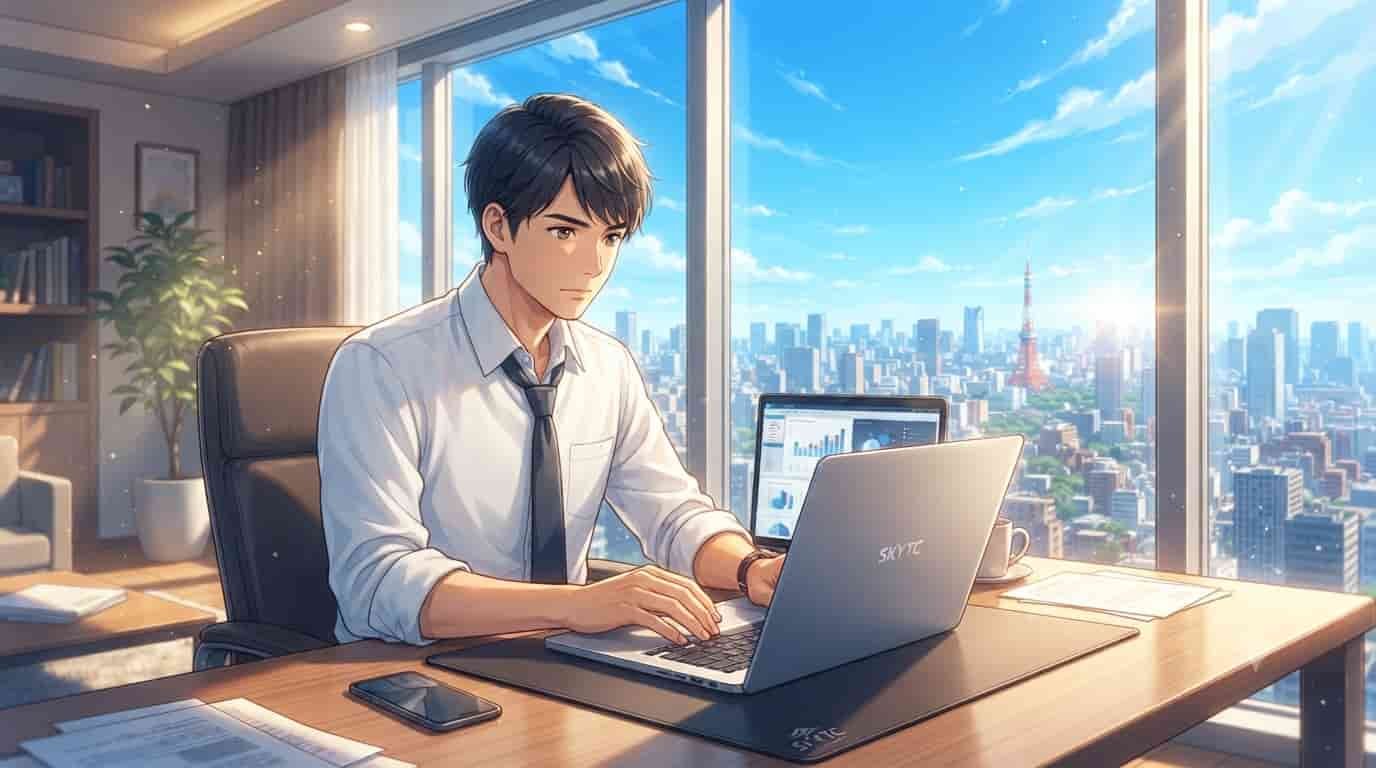 An anime-style illustration of a male executive working on a silver SKYTC metal laptop in a sunlit high-rise office overlooking the Tokyo skyline.