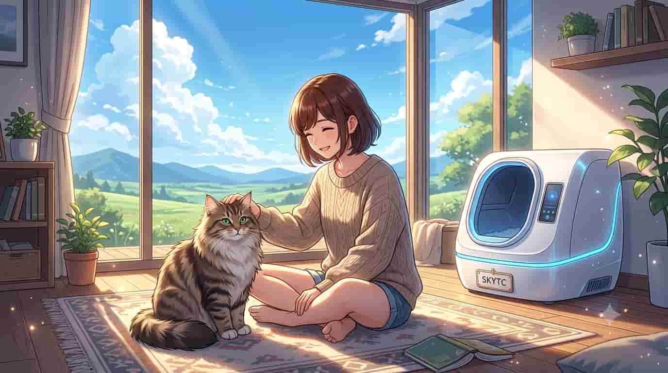 A woman relaxing with her Siberian cat next to a modern skytc self-cleaning litter box.