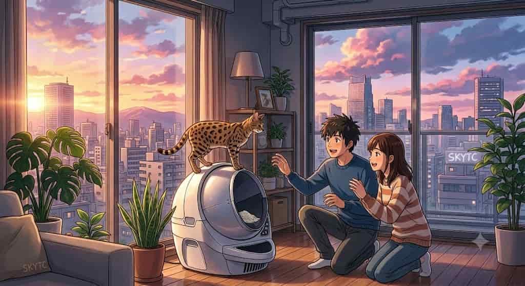 A beautiful Makoto Shinkai style anime illustration featuring a Savannah cat on a self-cleaning litter box in a cozy apartment with the skytc text visible.