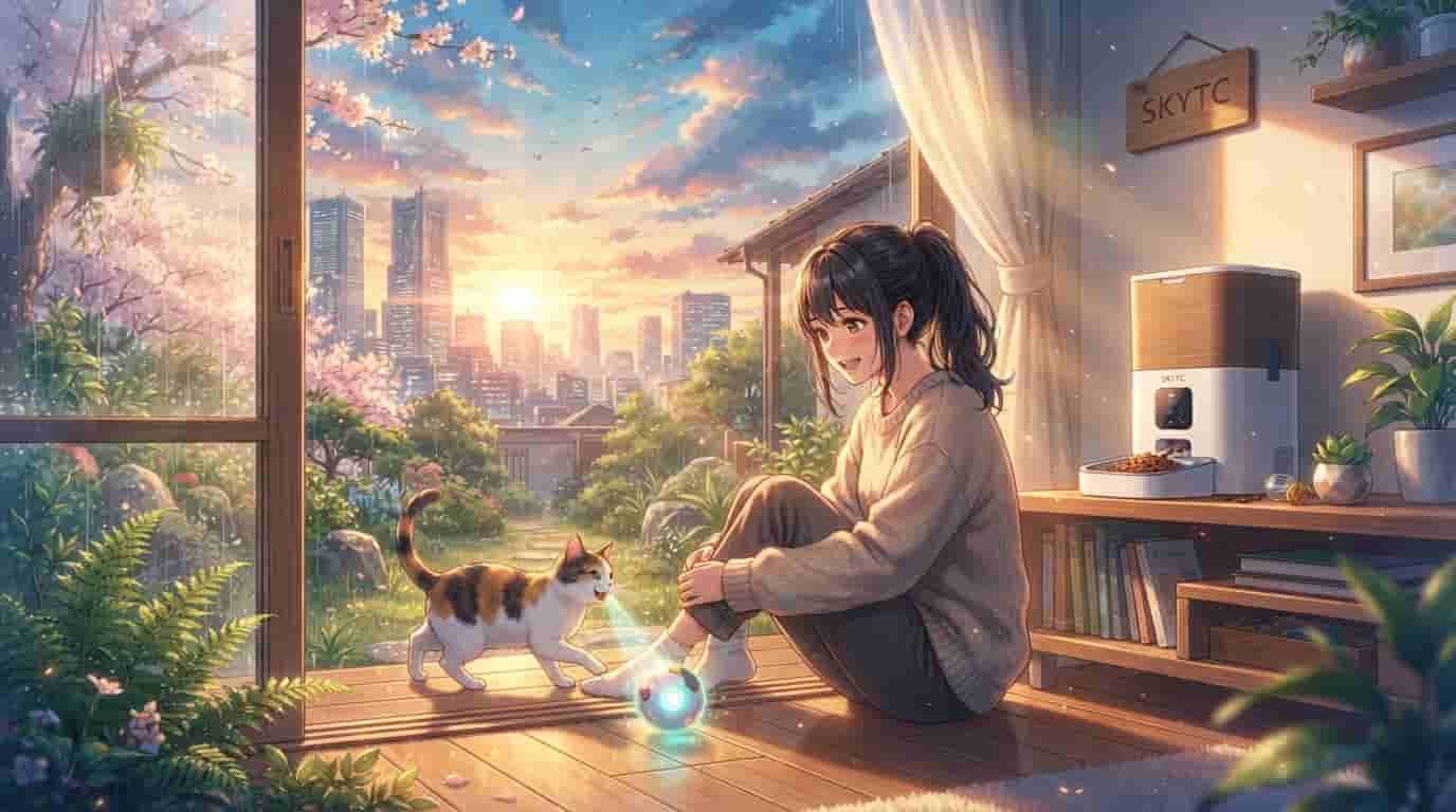 An anime-style illustration showing a girl with a cat in a cozy room. A SKYTC smart pet feeder is on the shelf, and the cat is playing with a glowing interactive toy. The background shows a sunset cityscape.
