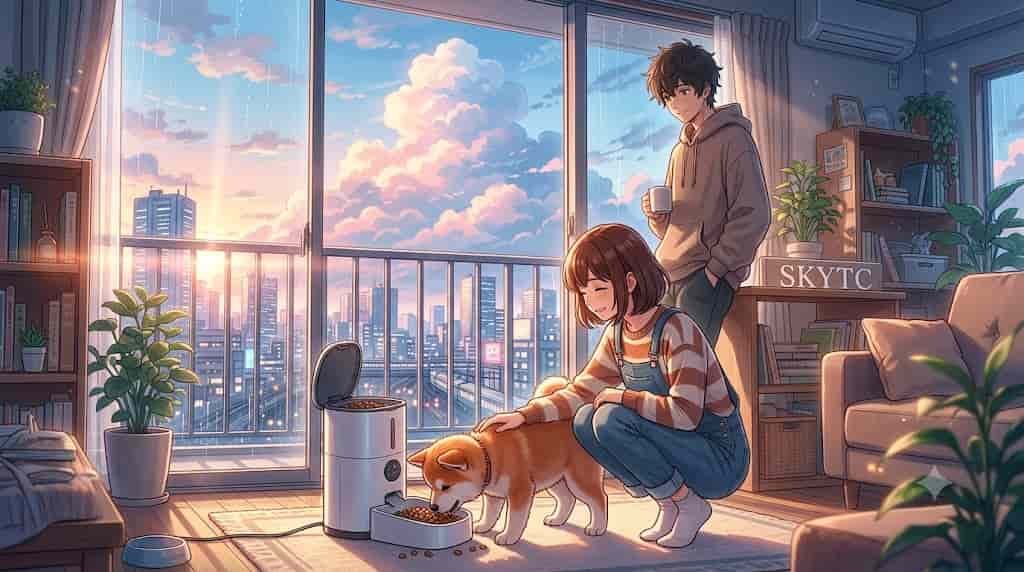A man and a woman in a Makoto Shinkai inspired anime setting, with an Akita puppy eating from an automatic timed feeder, in a cozy city apartment by skytc.
