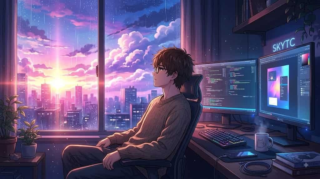 A young man, inspired by Makoto Shinkai's style, looks contemplatively at his vibrant dual-monitor home office setup featuring "SKYTC" branding, bathed in the glow of a dramatic, colorful sunrise with visible rain.
