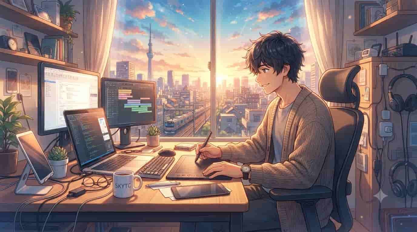 An anime-style digital illustration inspired by Makoto Shinkai, featuring a young male freelancer working at his organized home office desk with multiple screens and gadgets, overlooking a Tokyo sunset cityscape. The name 'SKYTC' is visible on a coffee mug.