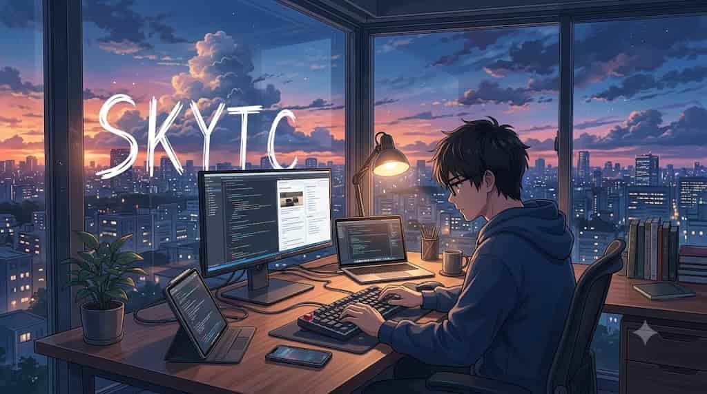 Anime-style illustration by SKYTC showing a young man using a wireless mechanical keyboard at a multi-device desk with a colorful sunset city view.