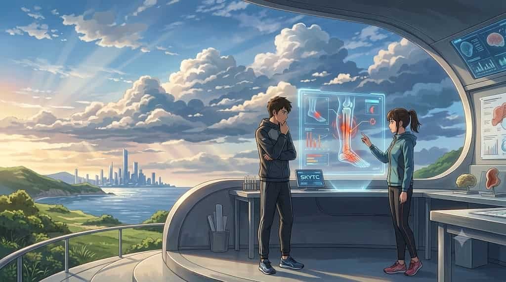 An artistic illustration by skytc showing a male and female runner examining medical charts and a glowing holographic leg under a dramatic sky.