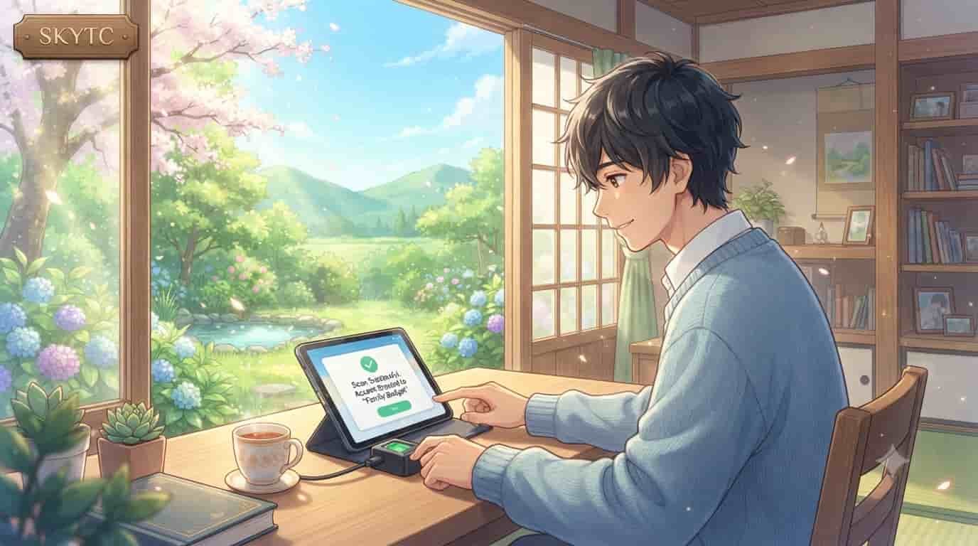 A Makoto Shinkai-style anime illustration of a man using a fingerprint scanner for his budget app on a tablet, with the Skytc logo visible.