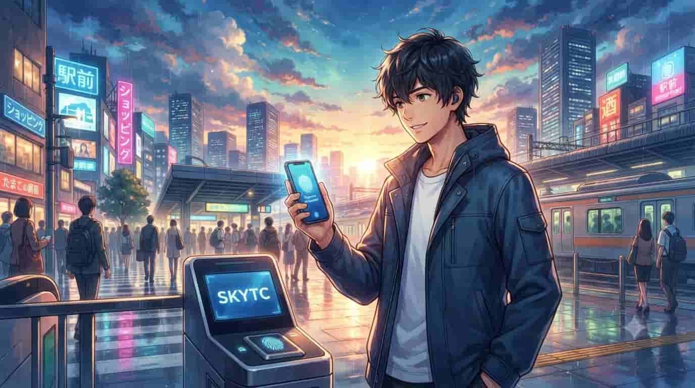 A Makoto Shinkai-inspired anime illustration of a man using a biometric payment app at a futuristic Tokyo train station, with "SKYTC" visible on the terminal.