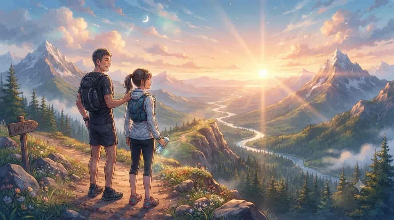 A 40-year-old male and female ultra runner looking at a mountain sunrise, representing SKYTC bone density biohacking.