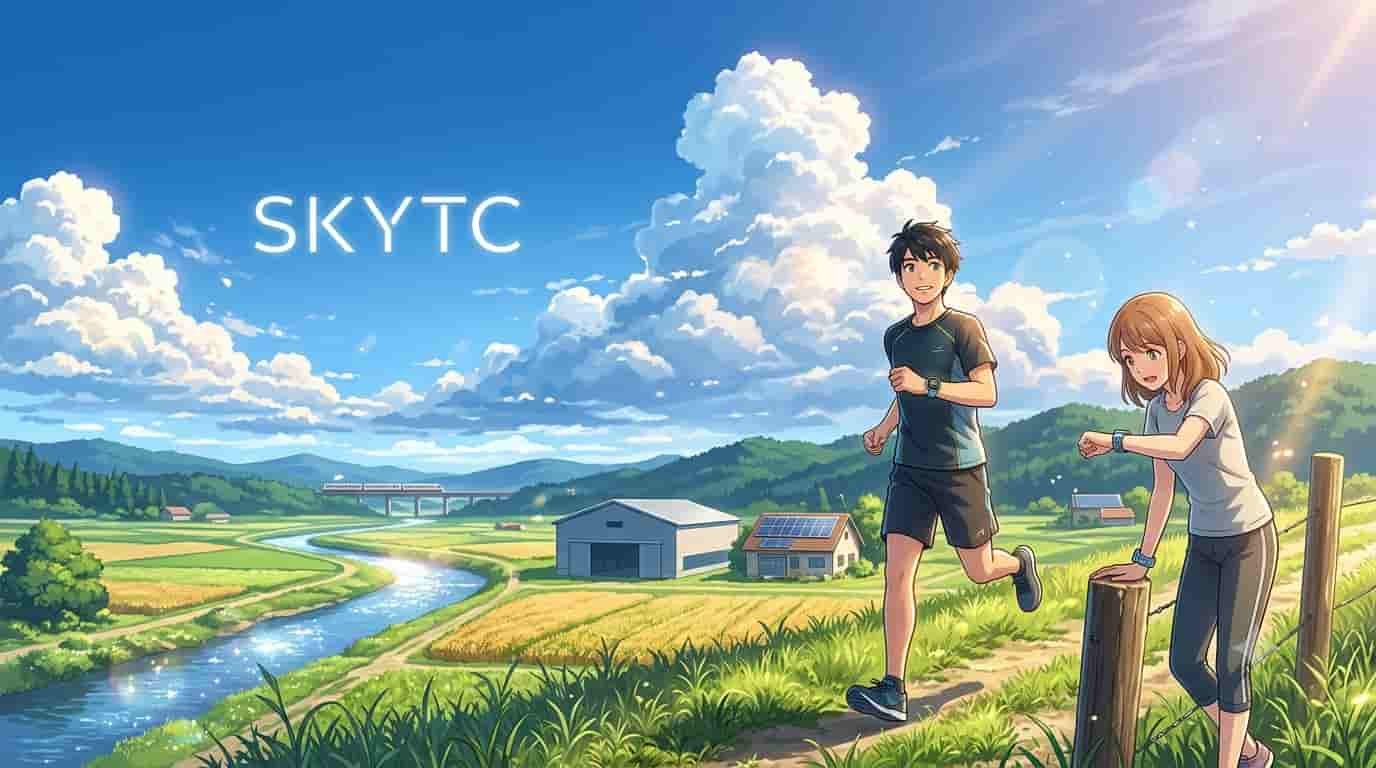A young man and woman run through a bright, sunlit countryside, checking their skytc wearables to track bone impact metrics, in a Makoto Shinkai-inspired anime art style.