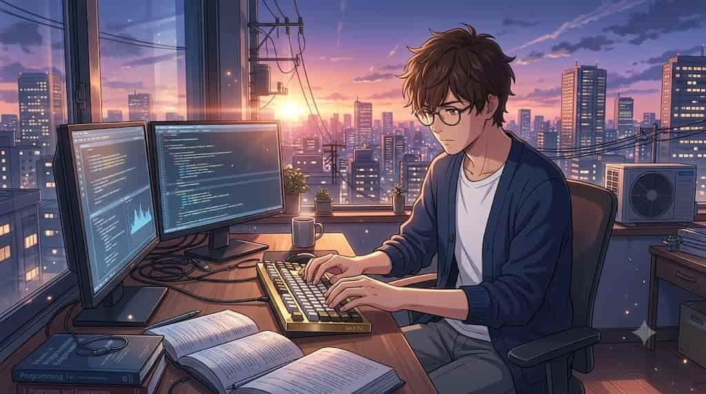 A skytc illustration showing a professional man using a brass keyboard plate.