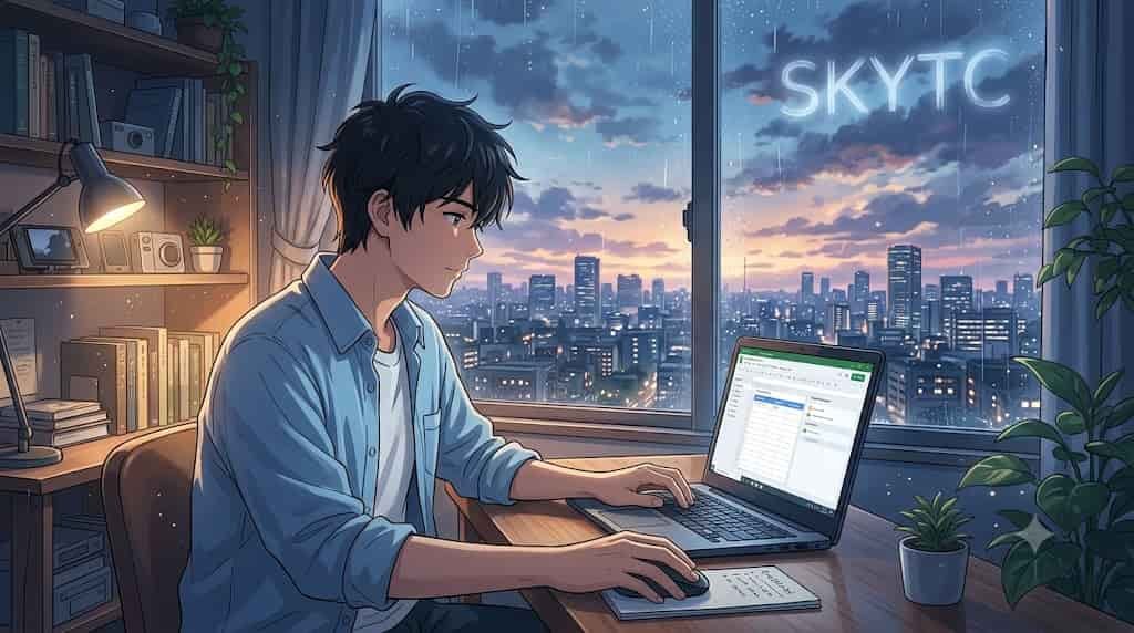 An artistic skytc anime illustration of a person working efficiently on a laptop at a glowing desk, symbolizing daily business efficiency through affordable tech tools.