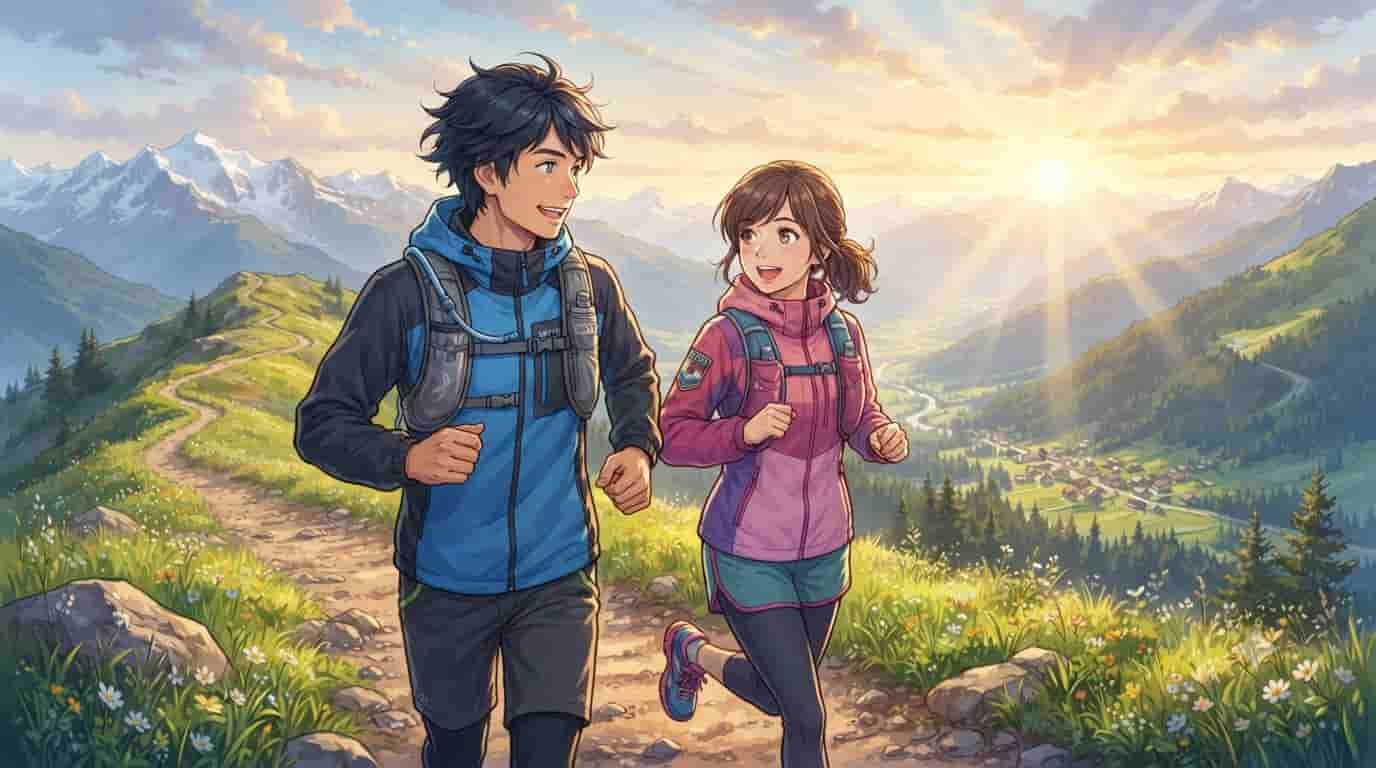 A Japanese couple in their 40s happily trail running on a scenic mountain ridge at sunrise, representing strong, healthy bones. The SKYTC logo is visible on their gear.