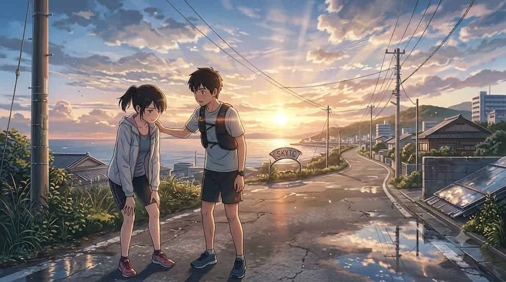 A male and female runner pausing on a road at sunset, illustrating how severe calorie deficits impact runner bone density by SKYTC.