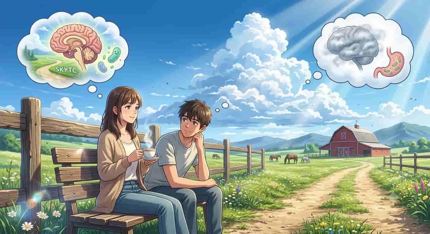 A Makoto Shinkai inspired anime illustration for skytc showing a man and a woman relaxing on a sunlit farm bench, contemplating the connection between gut health and brain fog under a bright blue sky.