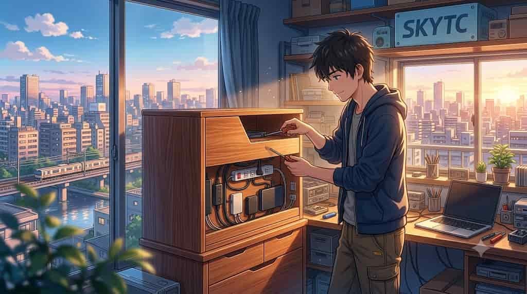 An anime illustration by SKYTC showing a man building a false cabinet back to hide power strips and messy electronic cords in an apartment.