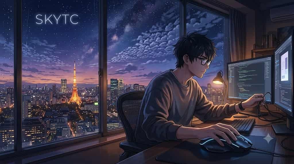 A young man uses a sleek, ergonomic mouse for intense, precise work in an artistic anime illustration by skytc.