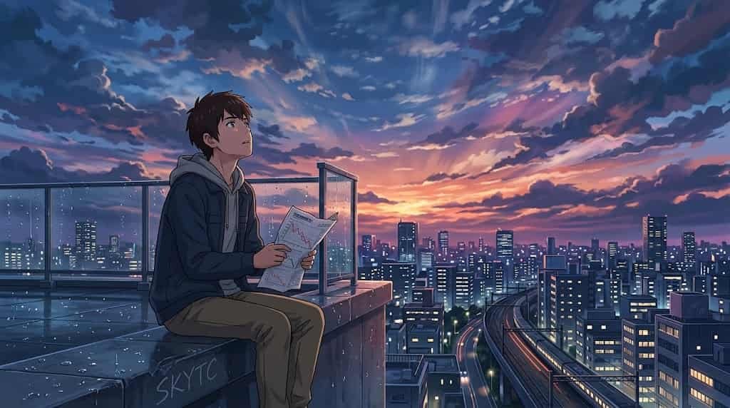 A skytc illustration in anime style showing a man viewing declining financial charts against a dramatic sunset, symbolizing the erosion of wealth