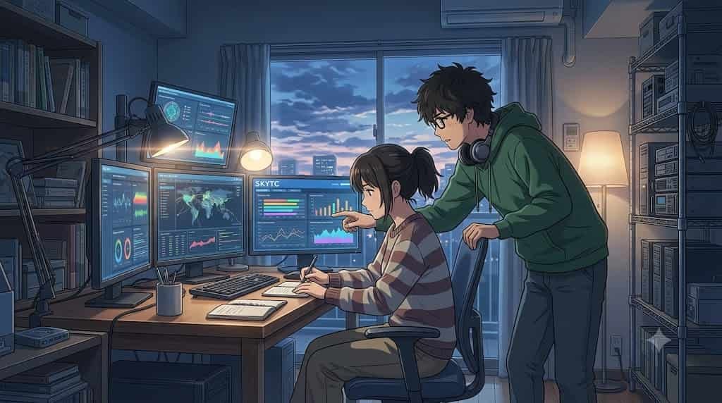 A man and woman in a home lab analyze data to fix attention span issues in this anime-style illustration by skytc.
