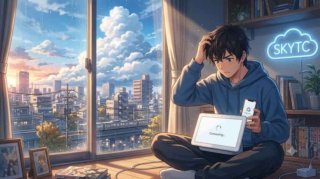 Troubleshooting a Google Home Hub wifi setup stuck on connecting with a man in an artistic skytc illustration.