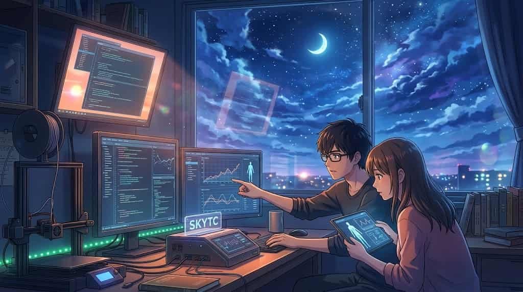An anime illustration in the style of Makoto Shinkai showing a man and a woman in a night lab analyzing skytc data for a knee tracking fix.