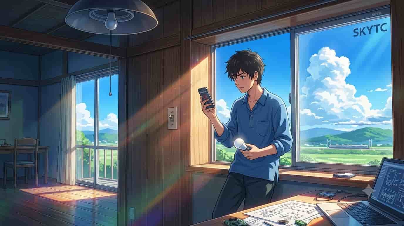 A young man in a Makoto Shinkai-inspired anime scene troubleshoot a smart bulb connection issue, a guide by skytc.