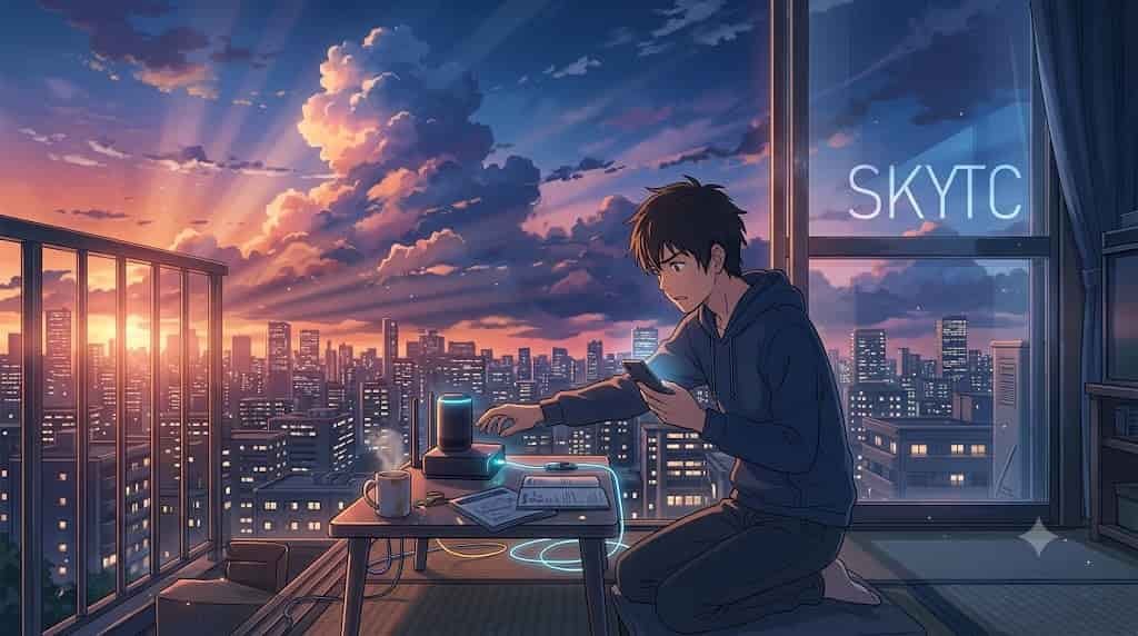 An anime-style illustration of a frustrated young man trying to fix a smart home device Wi-Fi authentication failure, with SKYTC text on the window.