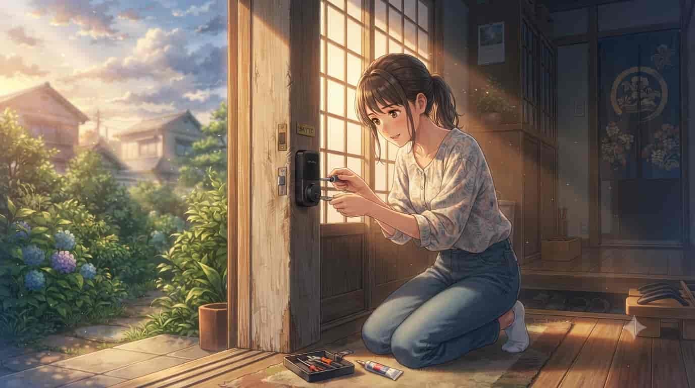 An anime-style illustration showing a young woman adjusting an SKTC Ultraloq smart lock with a screwdriver to fix it from rubbing against a traditional Japanese wooden door jamb. The scene includes a sunny garden outside.