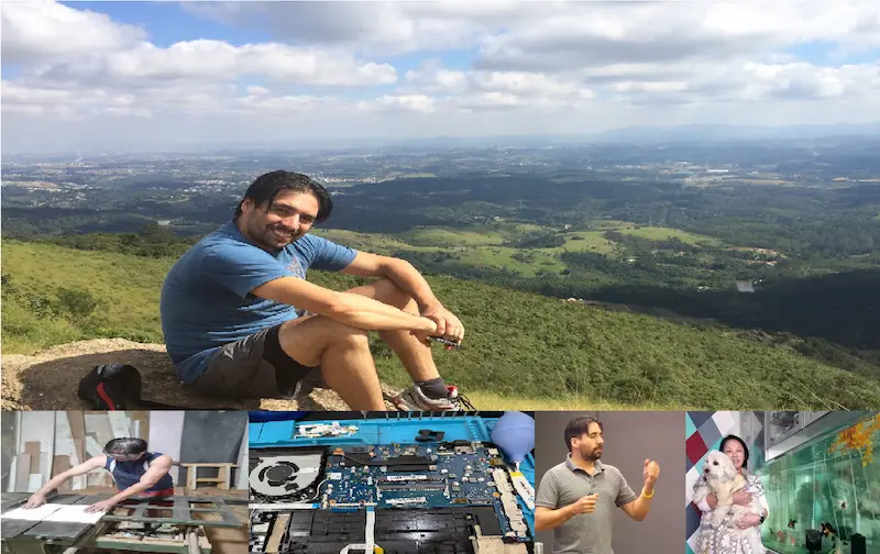 Official brand mosaic for skytchome.com showing founder Valtersky mountain trail running, crafting in a woodworking shop, disassembling a laptop motherboard for hardware upgrades, speaking at a tech conference, and co-founder Marcia Okabe with dog Murphy by a professional biological fish tank.
