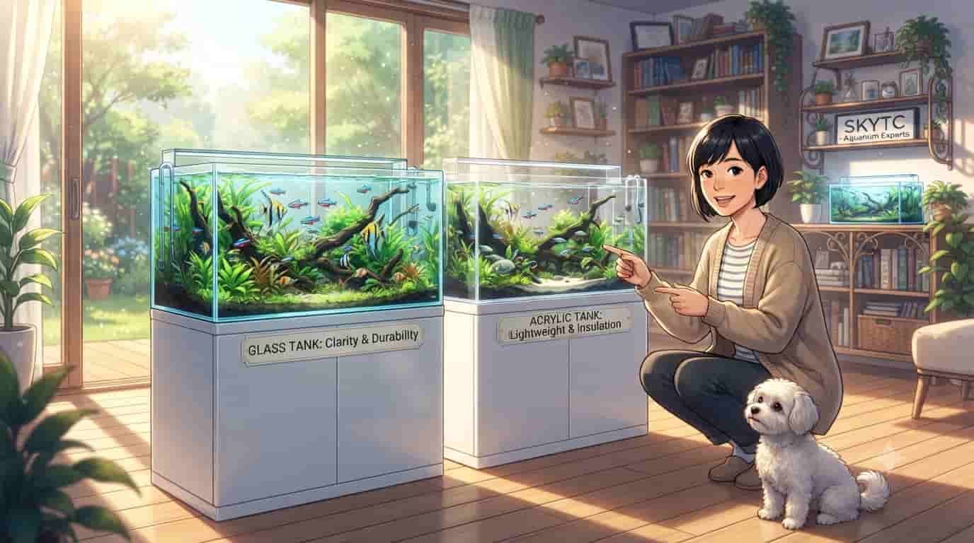 A woman and her dog comparing a glass aquarium and an acrylic aquarium on display stands in a sunlit room with a garden view, with a SkyTC sign visible.